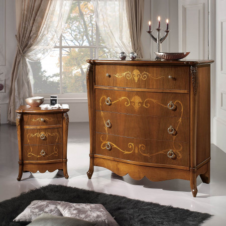 Comodino Pesaro piano in legno con intarsi e cassetti