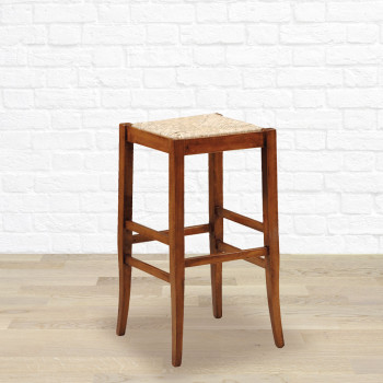 Sgabello alto in legno massello con sedile in paglia