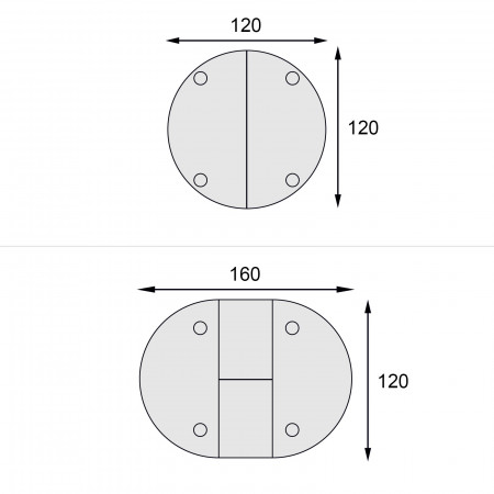 Tavolo rotondo diametro 120 cm allungabile a 120x160 cm, schema dimensioni