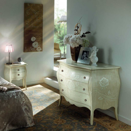 Comodino Urbino con frontale floreale e piano in legno