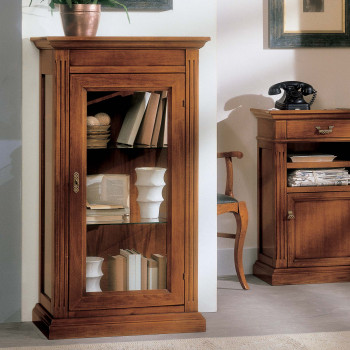 Vetrinetta con ribalta in legno toulipier, ripiani in vetro