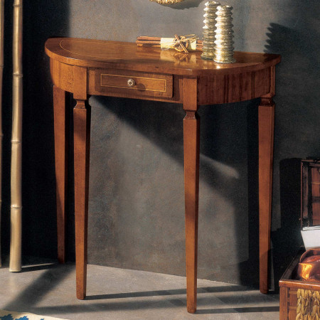 Consolle mezzaluna 1 cassetto, dettaglio piano in legno noce