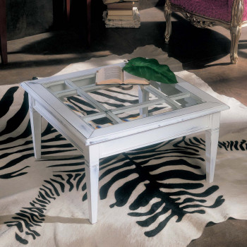 Tavolino quadrato da salotto con griglia in legno e vetro