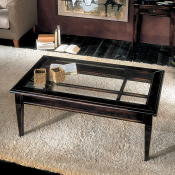 Tavolino rettangolare da salotto con griglia, dettaglio piano in vetro