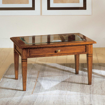 Tavolino piano in vetro 1 cassetto, dettaglio gambe a spillo