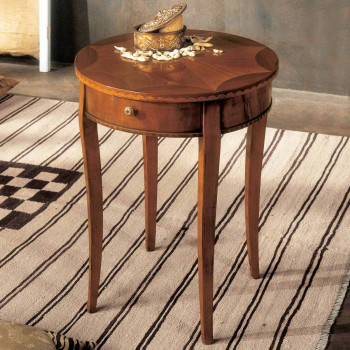 Tavolino rotondo intarsiato 1 cassetto con dettaglio del piano