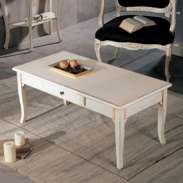 Tavolino da salotto in legno con cassetto, stile elegante Tavolino da salotto in legno con cassetto, dettaglio gambe a sciabola