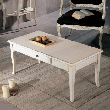 Tavolino da salotto in legno con cassetto, dettaglio gambe a sciabola