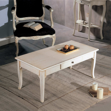 Tavolino da salotto in legno con cassetto, dettagli gambe