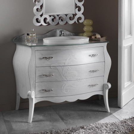Bagno con piano in vetro e lavabo in ceramica, decorazioni floreali