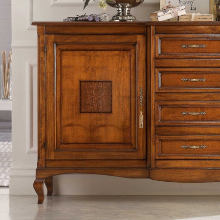 Credenza 2 porte 4 cassetti con intarsio iris, dettaglio ante intarsiate