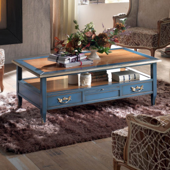 Tavolino rettangolare con 4 cassetti e decorazione floreale