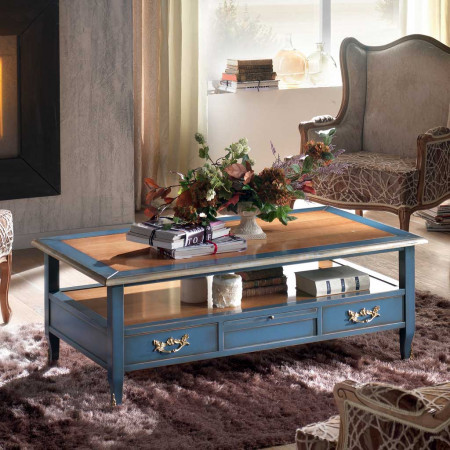 Tavolino rettangolare con 4 cassetti e decorazione floreale