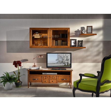 Porta TV con un cassetto e vano a giorno, dettaglio legno