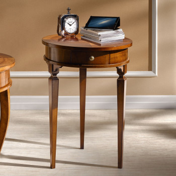 Tavolino rotondo gamba impero con piano intarsiato