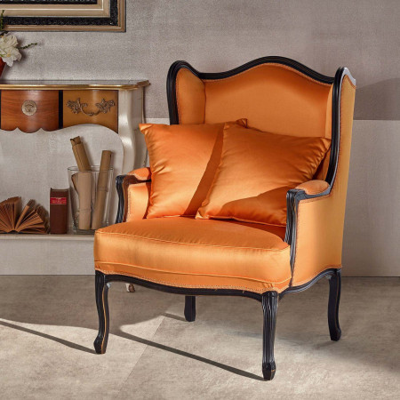 Poltrona bergere imbottita in legno e tessuto arancione