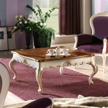 Tavolino quadrato intarsiato ed intagliato, dettaglio del piano in radica