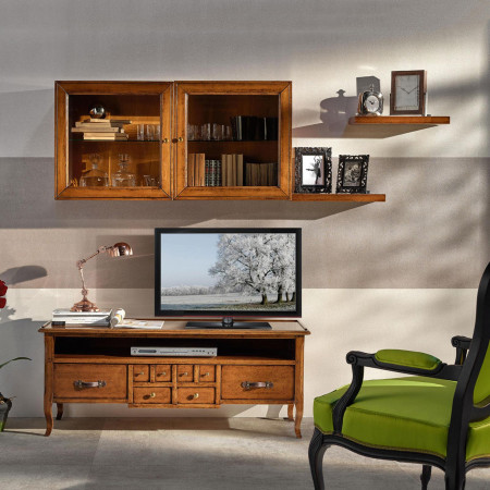 Composizione con pensili, mensole e porta TV in legno