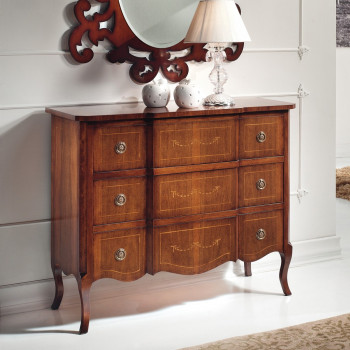 Como' noce 3 cassetti con intarsi floreali e gambe curve