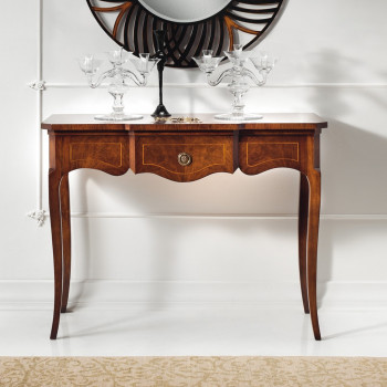 Consolle noce intarsiata con cassetto decorato