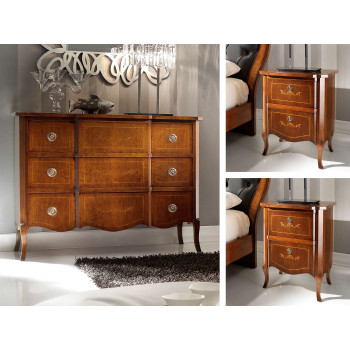 Gruppo di linea 700 comò e comodini con intarsi floreali