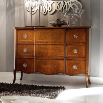 Comò in noce con intarsio floreale e gambe curve