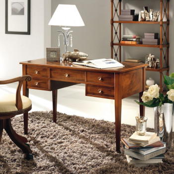 Scrivanie 5 cassetti in legno intarsiato, gambe obelisco