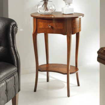 Tavolino 1 cassetto sagomato, dettaglio intarsi radica