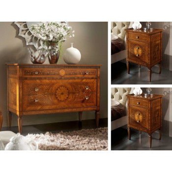 Gruppo maggiolini comò e comodini con intarsi floreali