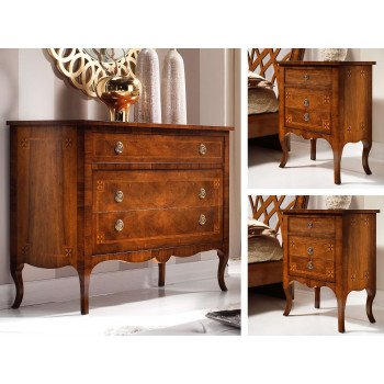 Gruppo comò e 2 comodini gamba 700, dettagli intarsi