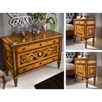 Gruppo comò con 2 comodini Maggiolini, dettaglio intarsi