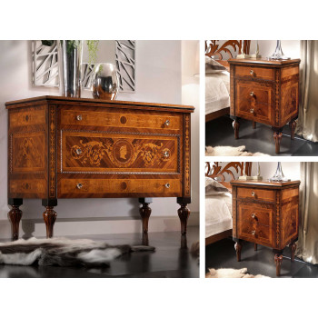 Gruppo comò e 2 comodini Maggiolini intarsiati