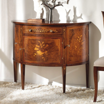 Credenzina in radica con intarsio musicale e floreale