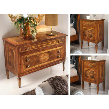 Gruppo notte comò e comodini 3 cassetti, intarsi floreali