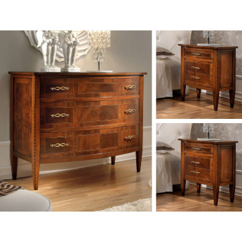 Gruppo comò e 2 comodini gambe spillo dettaglio noce