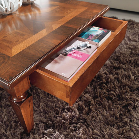 Tavolino da salotto 80x80 con cassetto aperto e intarsi