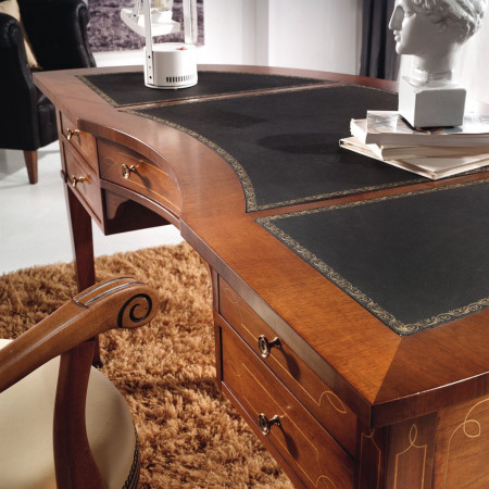 Scrivania piano ecopelle intarsiato con dettagli legno