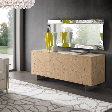Madia moderna in legno con intaglio geometrico e gambe in acciaio