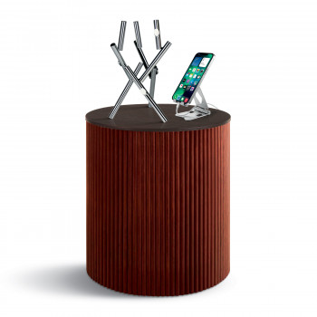 Tavolino alto rotondo cannettato in legno di frassino