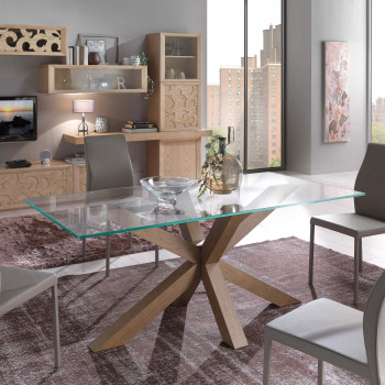 Tavolo rettangolare fisso con piano in vetro e base a croce