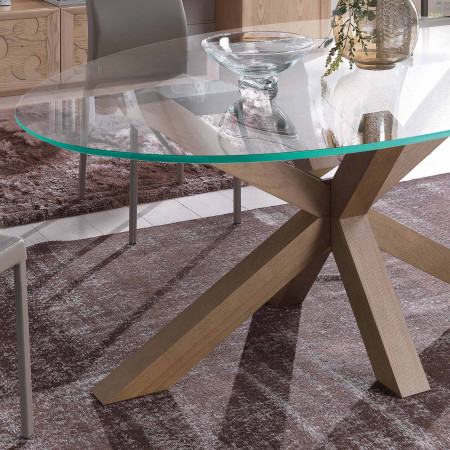 Tavolo ovale fisso con piano in vetro e basamento legno