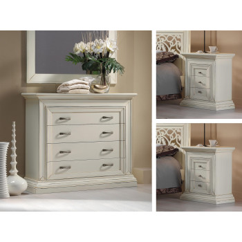 Gruppo comò e 2 comodini incorniciati con dettagli in legno