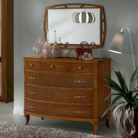 Comò sagomato intarsiato con vasi decorativi e specchio