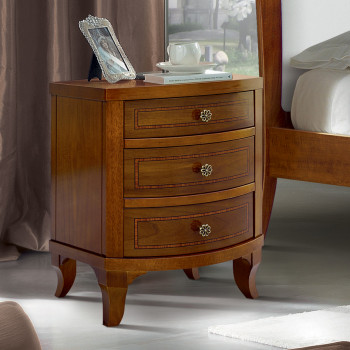 Comodino sagomato intarsiato con cassetti e gambe a sciabola