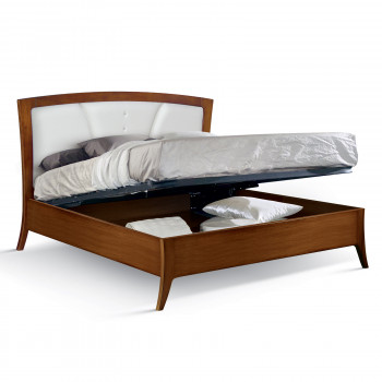 Letto matrimoniale in legno con testata imbottita e contenitore aperto