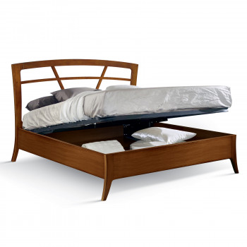 Letto matrimoniale con testata traforata e contenitore aperto