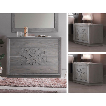 Gruppo notte comò e comodini in legno con decorazione traforata