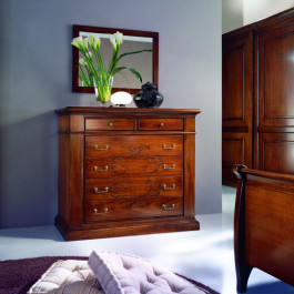 Comodino quadro con 3 cassetti, legno noce, ambiente camera