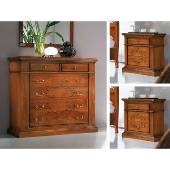 Gruppo comò e comodini incisi con dettagli floreali