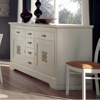 Credenza laccata 2 ante 6 cassetti, dettaglio traforato
